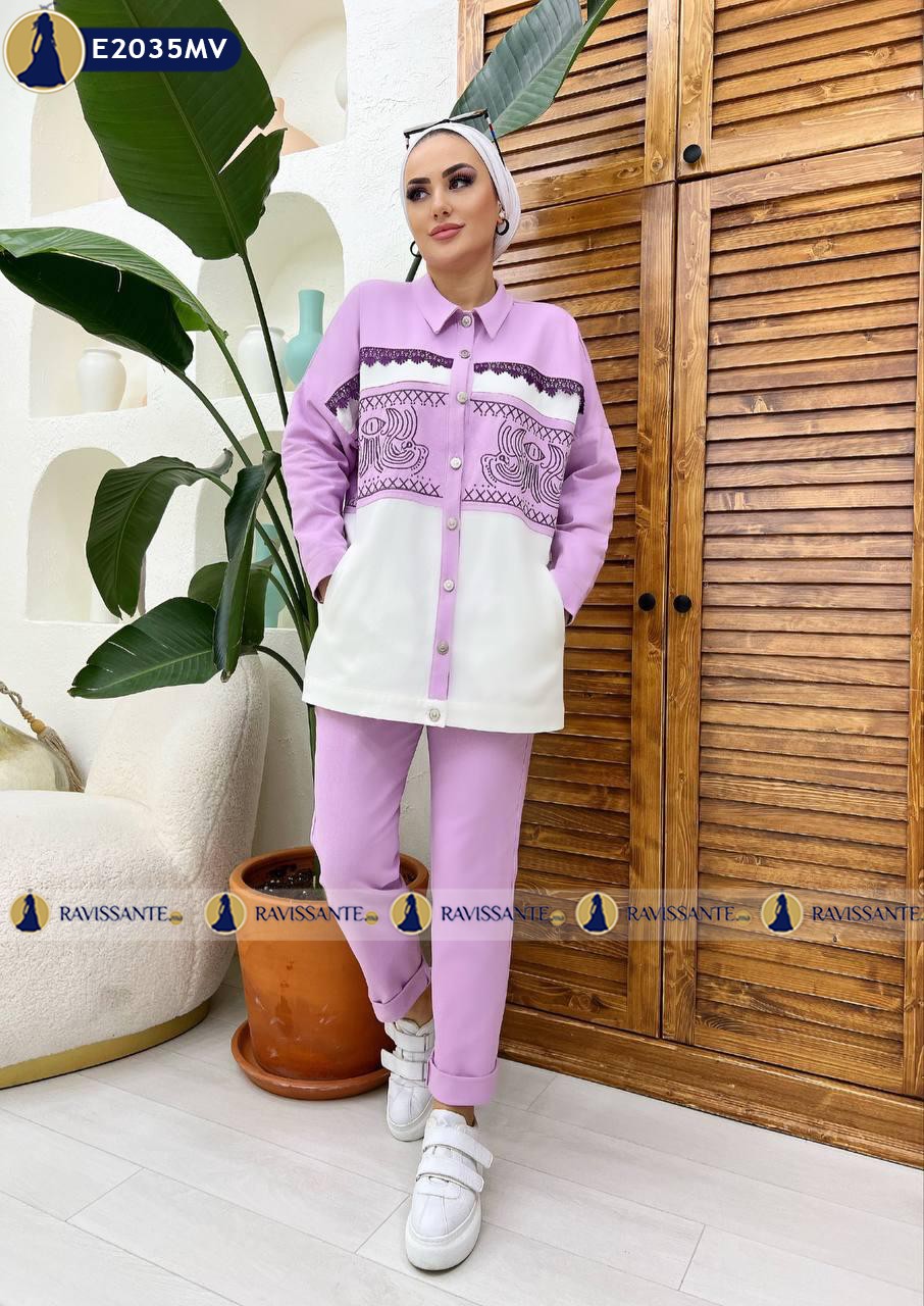 Ensemble bicolore brodé - Mauve clair - E2025MV
