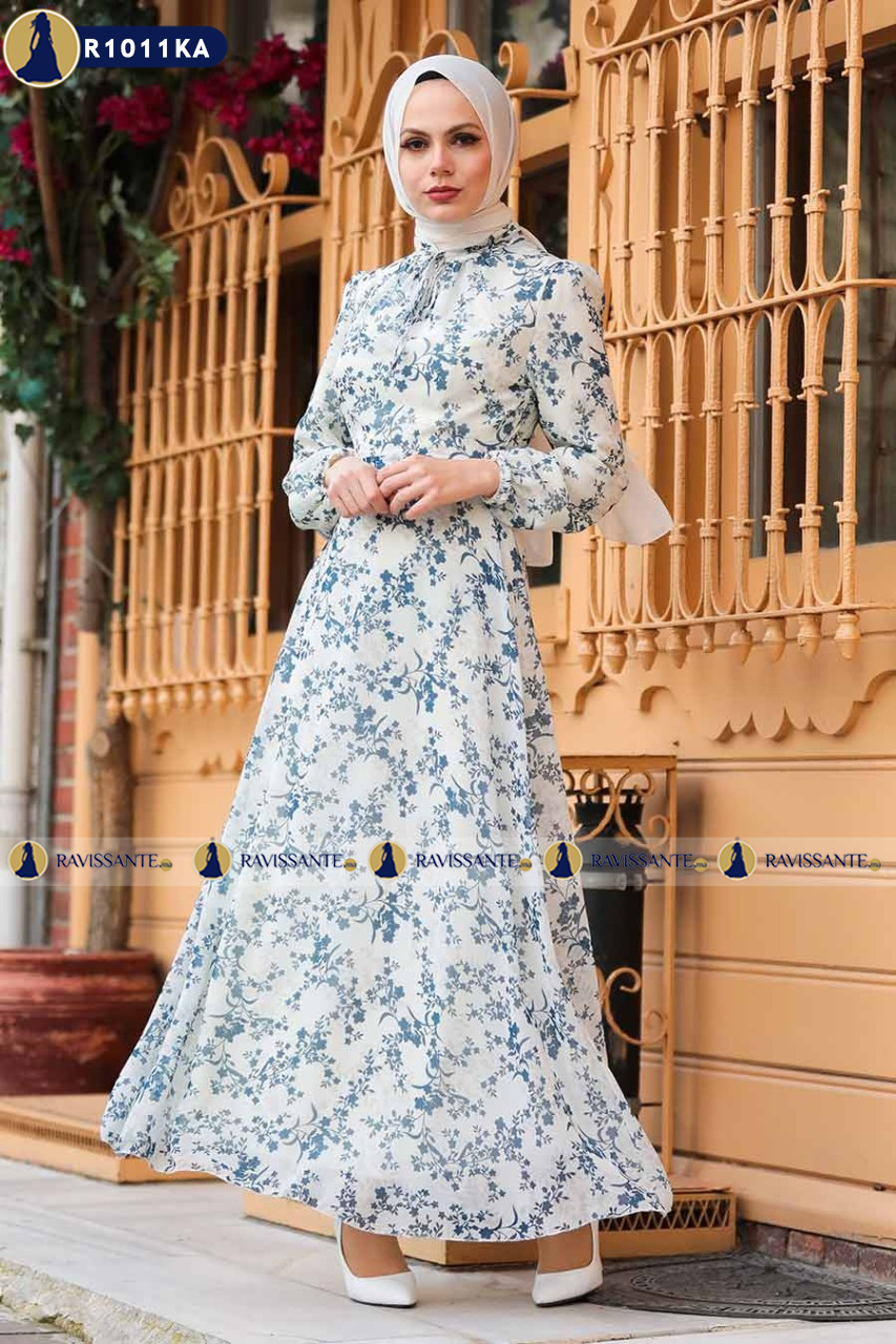 Robe Fleurie longue - Bleu - R1013BE