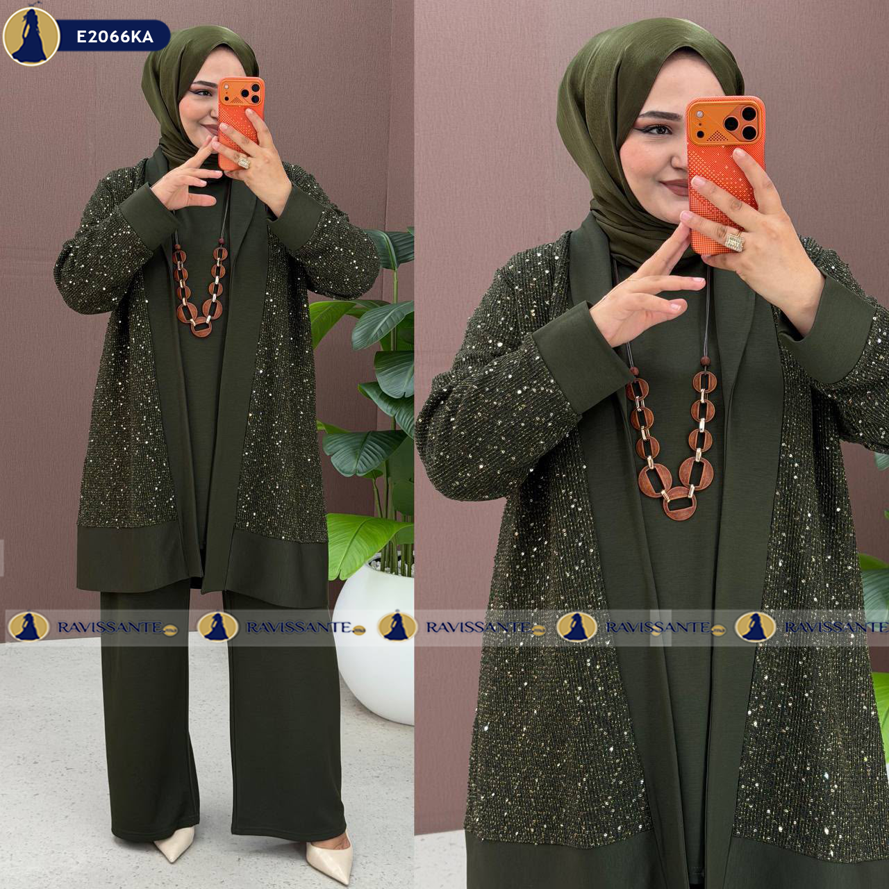 Ensemble trois pièces Oysho à Cardigan pailleté - Kaki - E2066KA